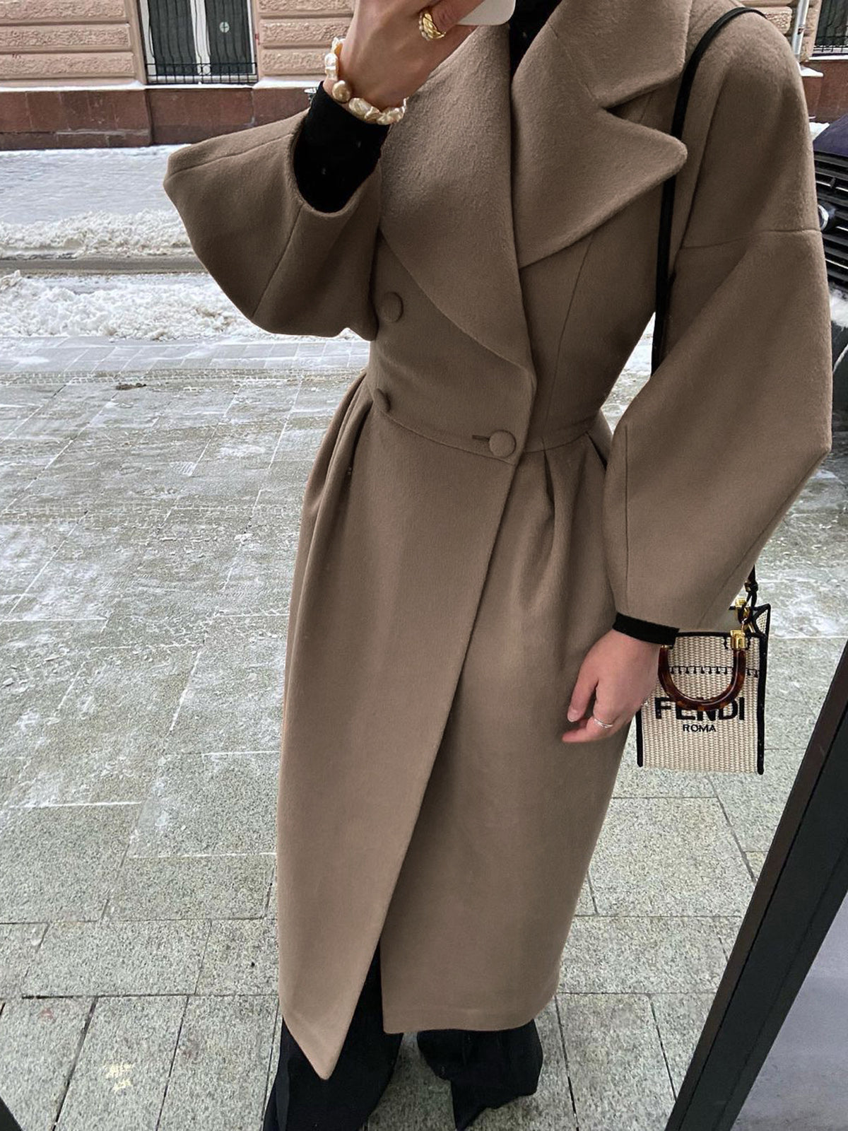 Miss Paris casual long trench coat in classic plain woven fabric with long sleeves and relaxed shift fit