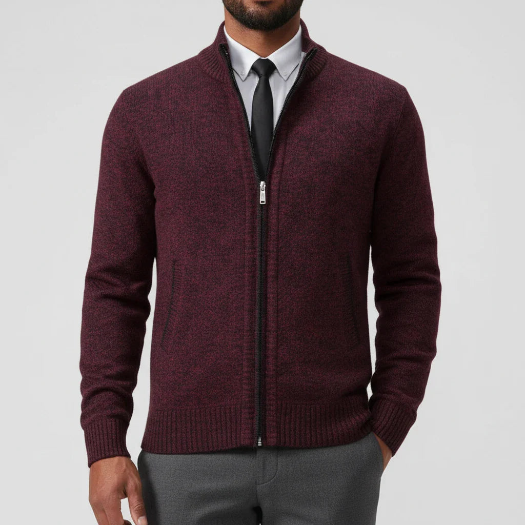 Men's zip-up stand collar sweater in neutral tone, slim fit with full-length zipper for versatile layering