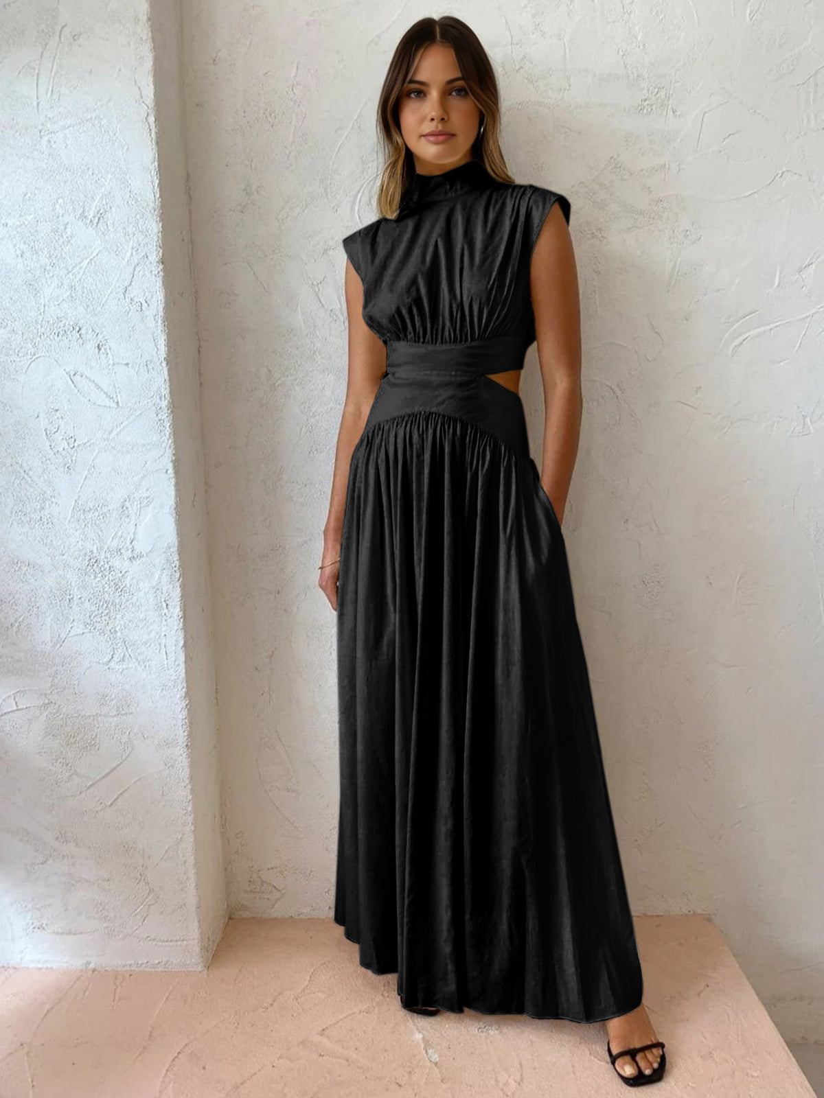 Mock neck cutout maxi dress in solid color, sleek woven polyester with romantic long silhouette