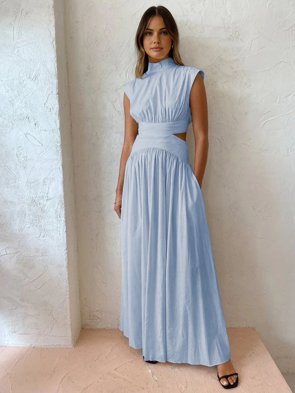 Mock neck cutout maxi dress in solid color, sleek woven polyester with romantic long silhouette