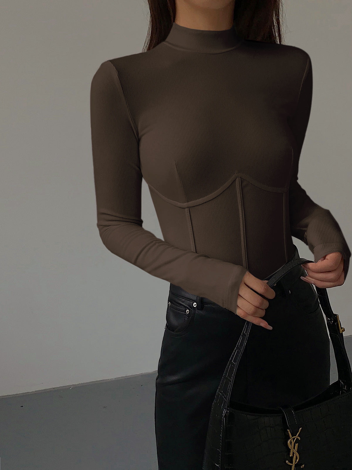 Black ribbed mock neck slim fit long sleeve t-shirt with contrast piping detail