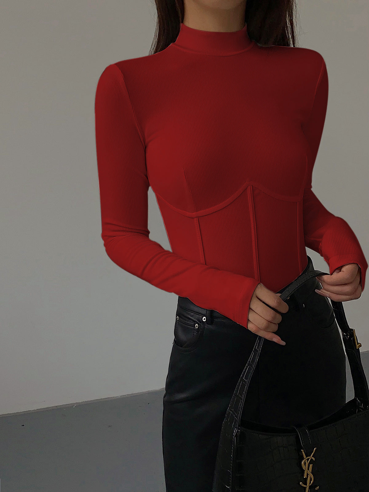Black ribbed mock neck slim-fit long sleeve t-shirt with contrast piping detail