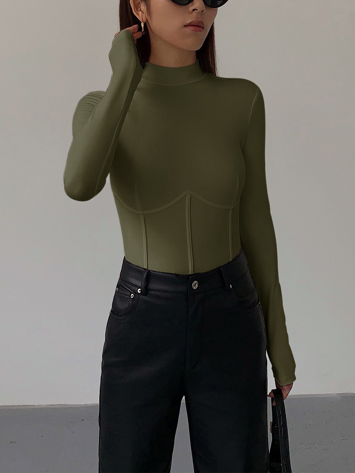 Black slim fit mock neck ribbed long sleeve t-shirt with contrast piping detail