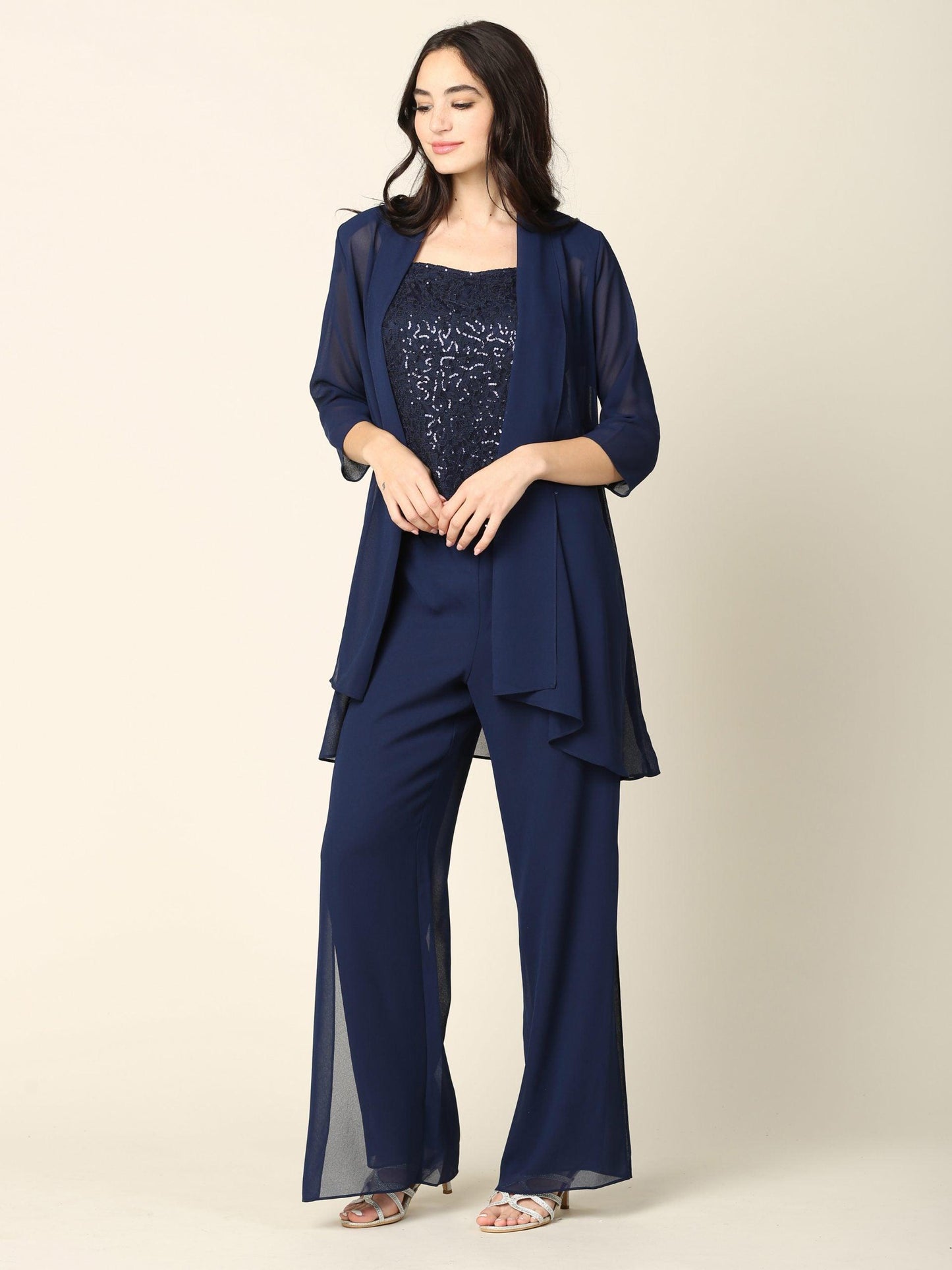 Elegant lace sleeve chiffon jacket pant suit for mother of the bride in plus size formal style