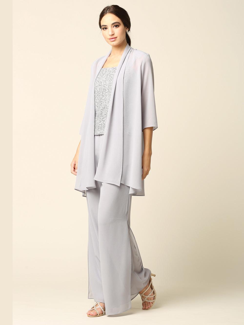 Ivory lace-sleeve chiffon jacket pant suit for mother of the bride, elegant plus-size formal ensemble