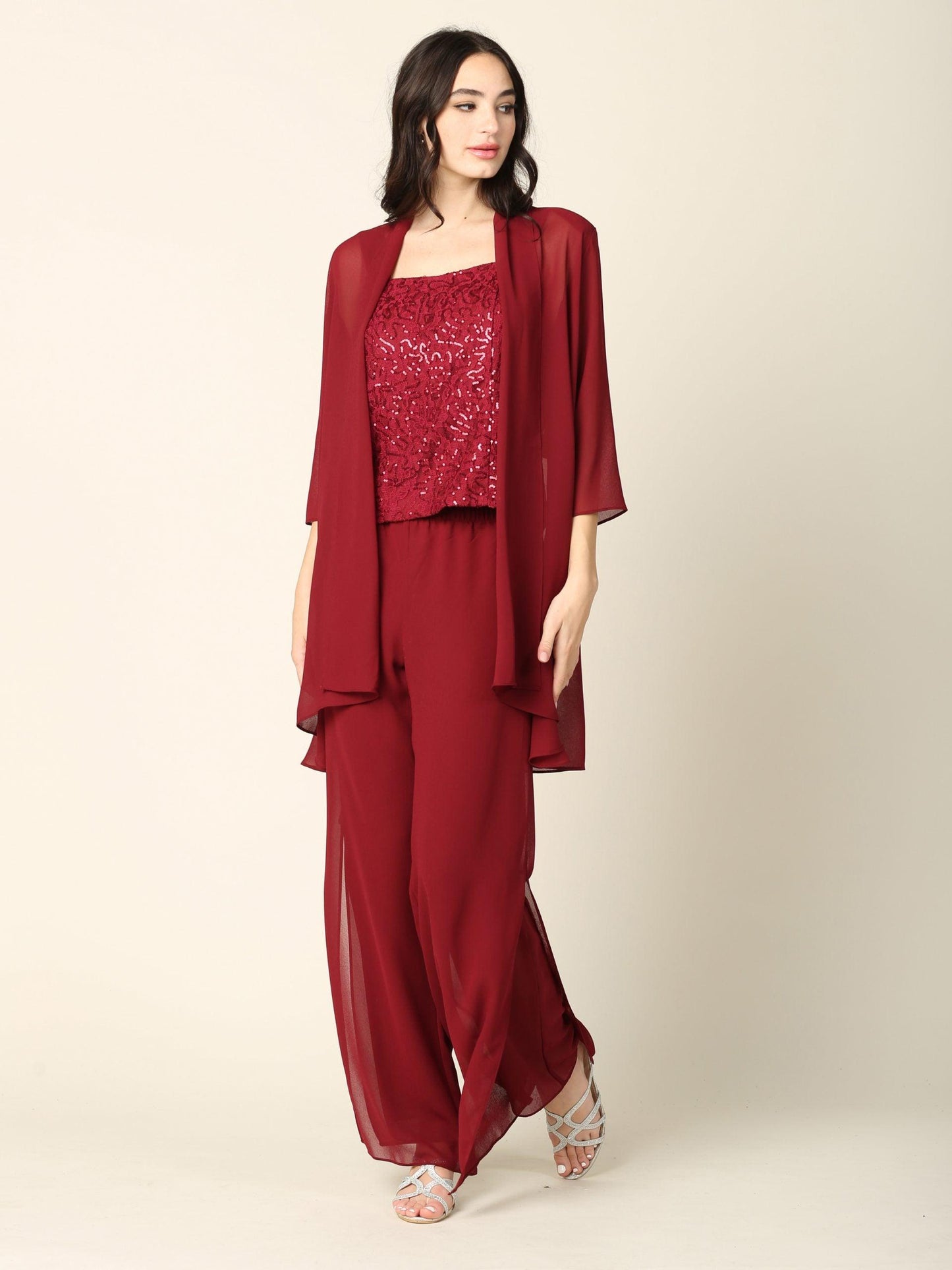 Ivory lace sleeve chiffon jacket pant suit for mother of the bride plus size formal wear
