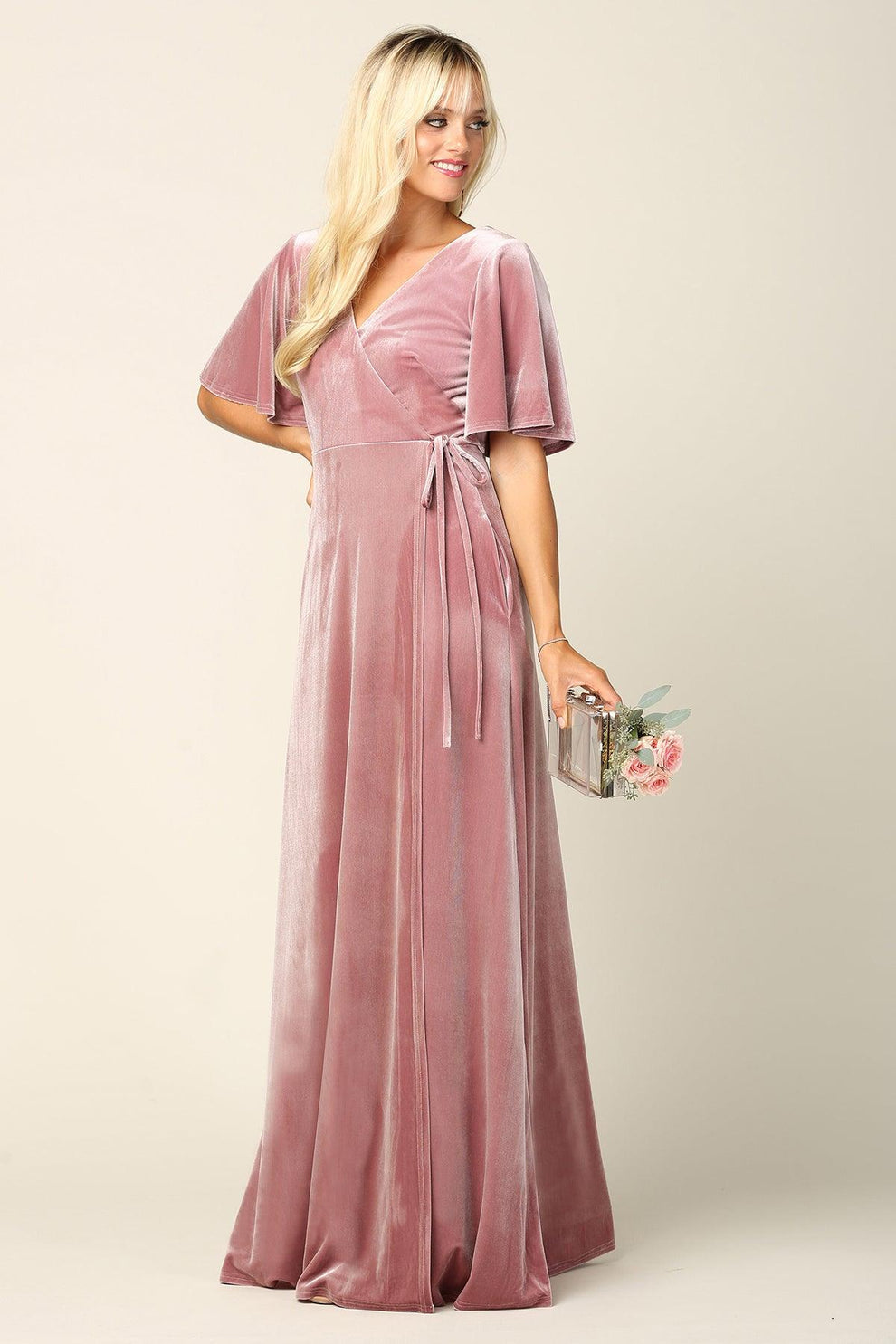 Mother of the Bride Long Flutter Sleeve Velvet Gown Sale - Wavlynn