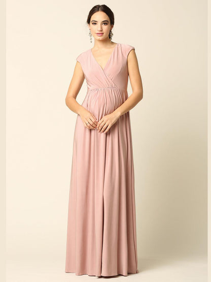 Black burgundy V-neck cap sleeve full-length formal gown with zipper back for mother of bride