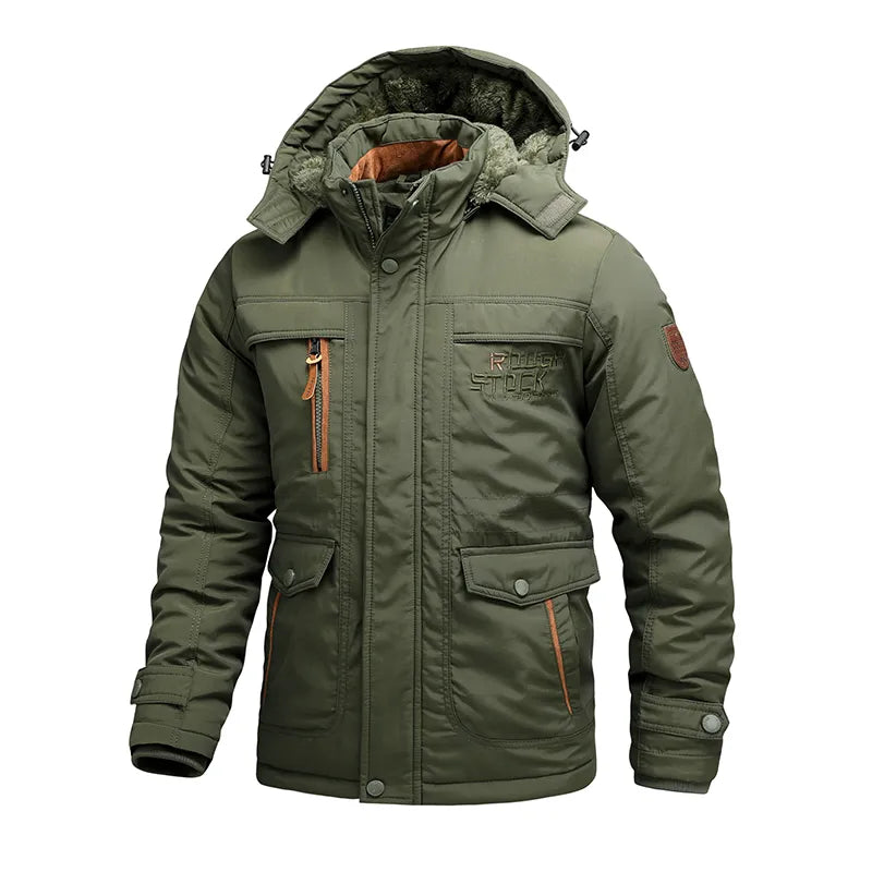 Men's windproof insulated hooded winter jacket by Wavlynn with multiple utility pockets for active wear