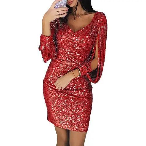 Women's silver sequin bodycon mini dress V-neck long draped sleeves glamorous party look