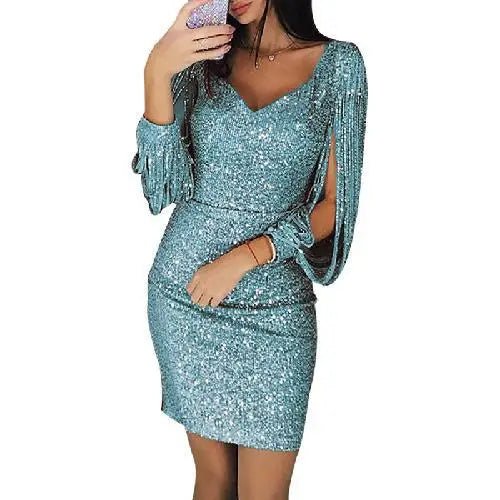 Women's silver sequin bodycon mini dress V-neck long draped sleeves party glamour