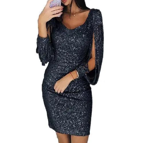 Women's silver sequin bodycon mini dress with V-neck and long draped sleeves for parties