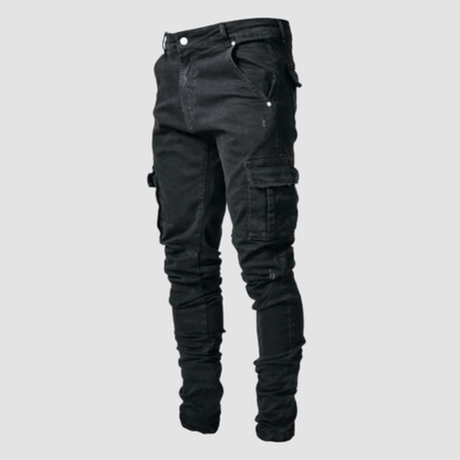 Men's slim fit cargo pants in neutral tones with multiple utility pockets for casual everyday wear