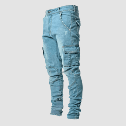 Men's slim fit cargo pants in neutral tones with multiple functional pockets for casual everyday wear
