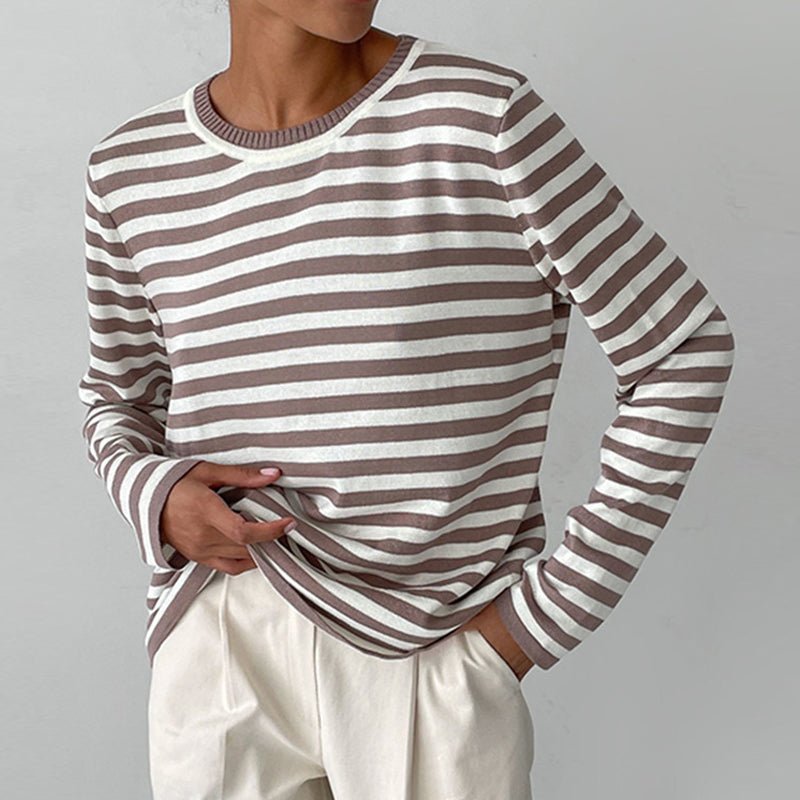 Men's navy striped long sleeve t-shirt round neck regular fit soft cotton blend fabric