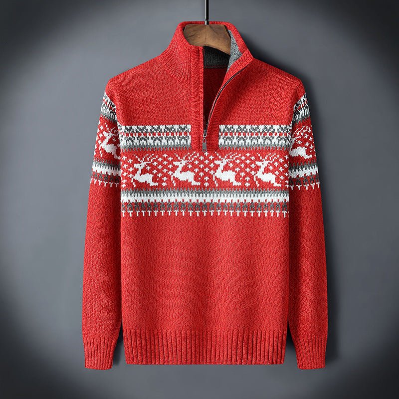 Men's wool blend Nordic pattern half-zip knit sweater with ribbed edges for cozy winter style