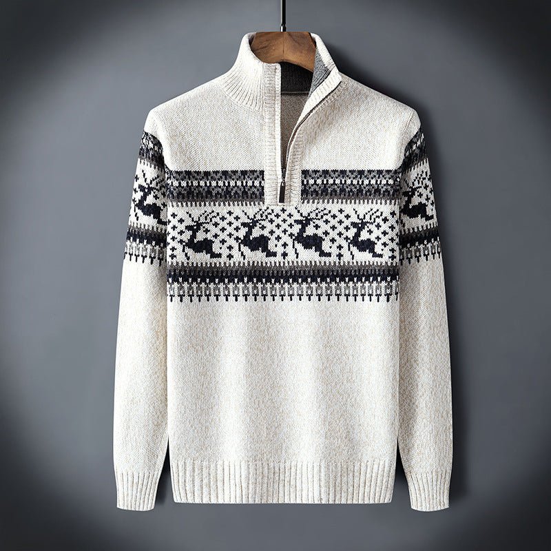 Men's wool blend half-zip knit sweater with Nordic pattern and ribbed edges for winter