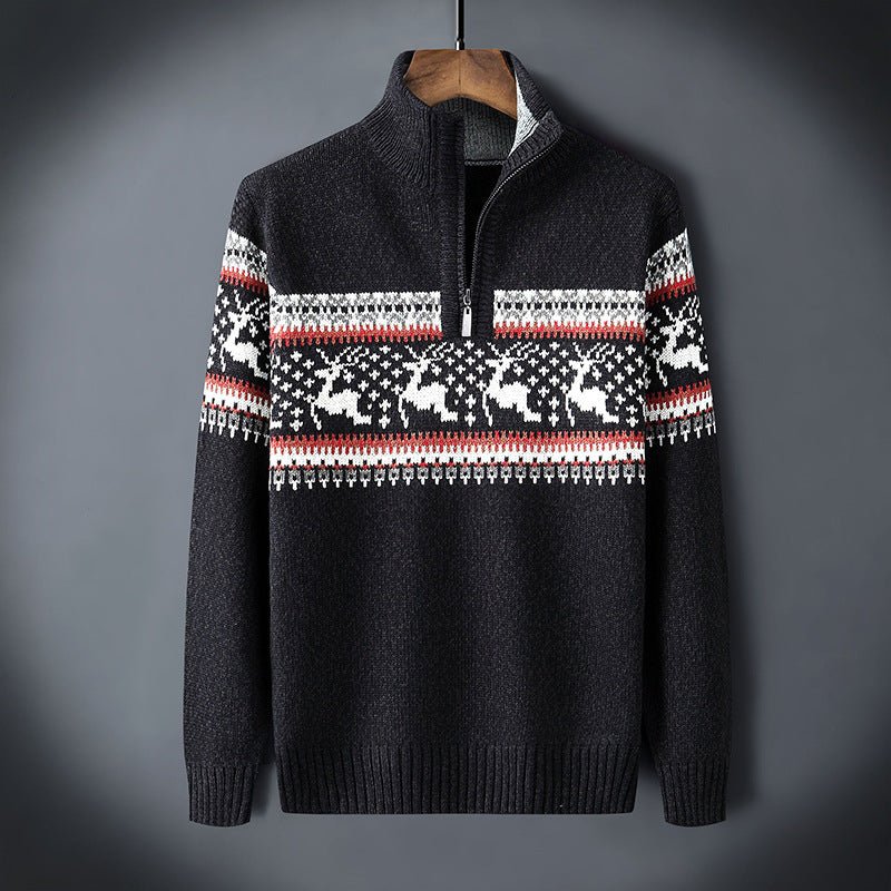 Men's wool blend Nordic pattern half-zip knit sweater with ribbed edges for cozy winter layering
