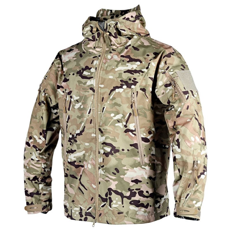 Women's weatherproof hooded outdoor jacket with zip pockets and adjustable cuffs for hiking