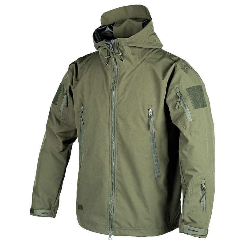 Women's weatherproof hooded outdoor jacket with zip pockets and adjustable cuffs for hiking
