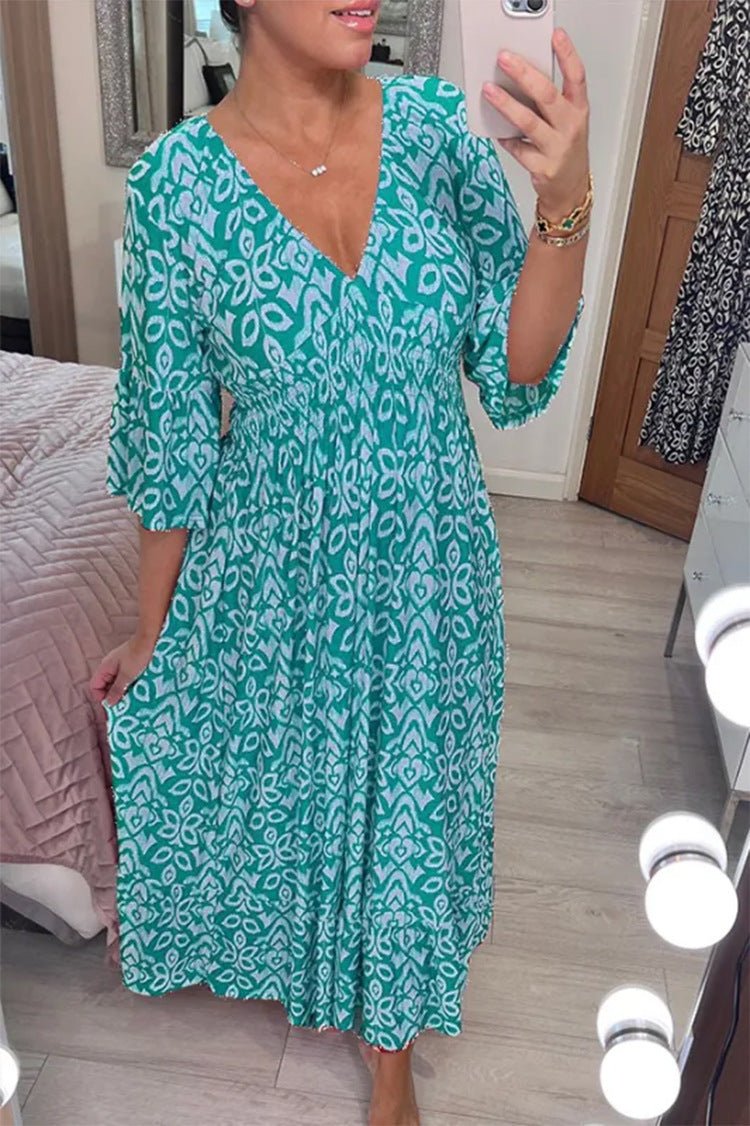 Women's loose fit maxi dress V-neck 3/4 sleeves lightweight breathable fabric spring summer style