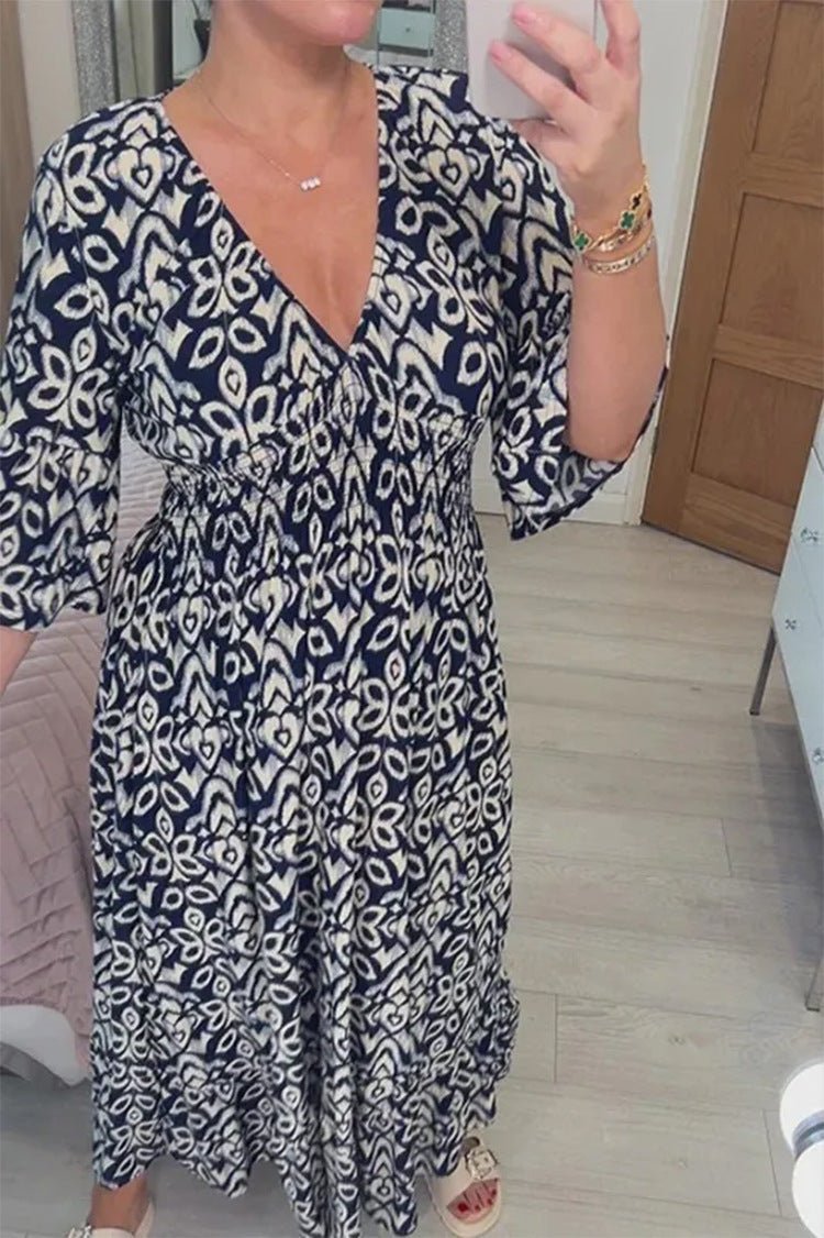 Women's loose fit maxi dress V-neck 3/4 sleeves light breathable fabric casual summer style