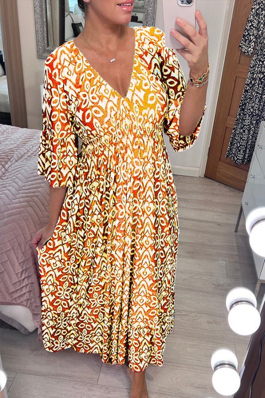 Women's loose fit maxi dress V-neck 3/4 sleeves lightweight breathable fabric for warm weather