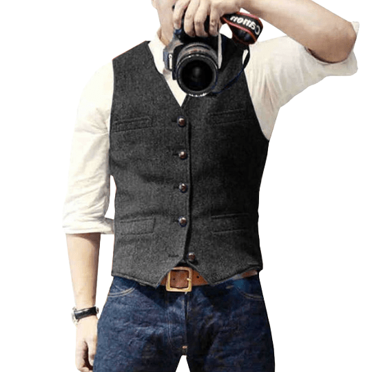 Men's slim fit wool-blend vest, classic V-neck, button closure, front pockets, formal semi-formal style