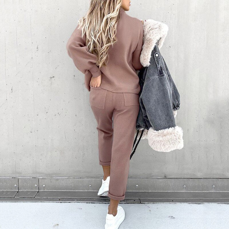 Relaxed-fit two-piece lounge set in neutral tones, lightweight polyester coordinated top and bottom