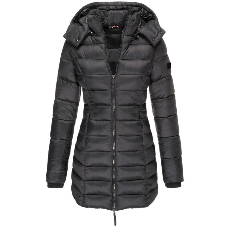 Women's mid-length padded winter jacket tailored fit with detachable hood for cold weather style