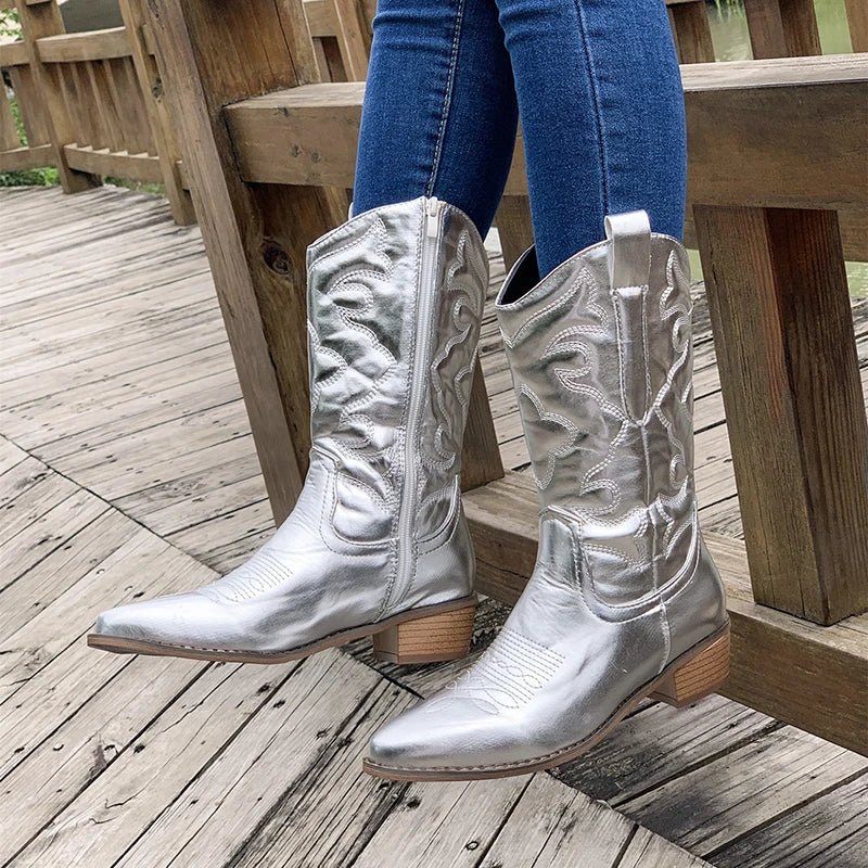 Tan mid-calf western cowboy boots with embroidered shaft and sturdy block heel