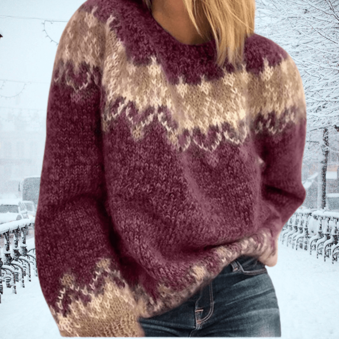 Women's oversize wool blend Nordic pattern sweater, cozy round neck pullover in warm tones