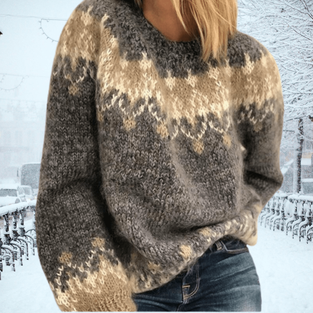 Women's oversized Nordic pattern wool blend sweater in cozy round neck winter style