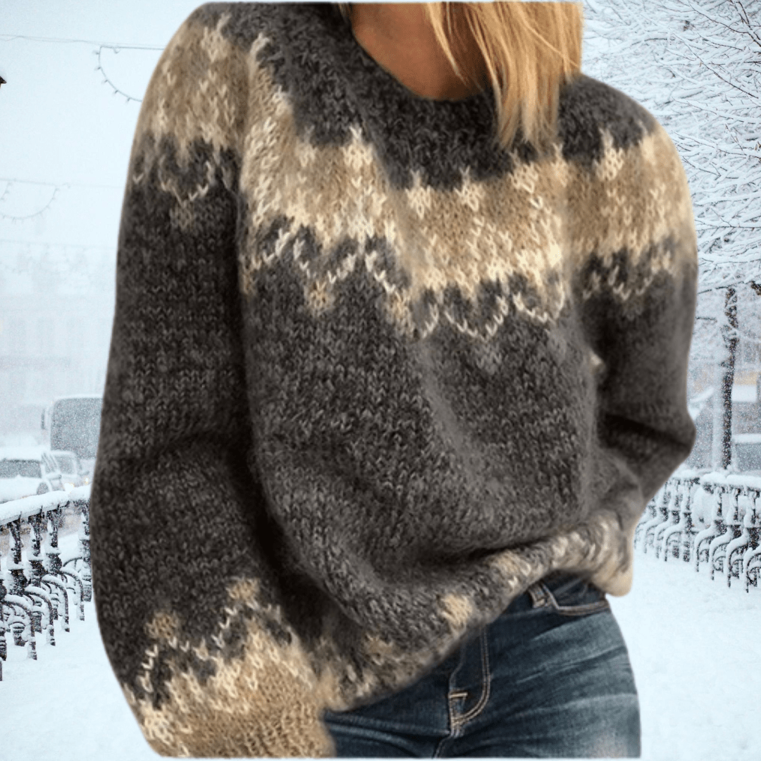 Women's oversize wool blend Nordic pattern sweater, cozy round neck pullover in warm tones