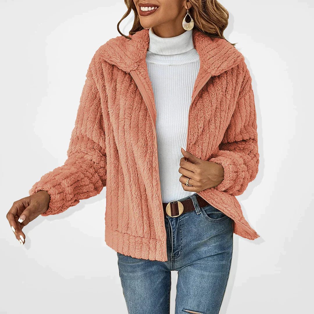 Women's plush fleece jacket ribbed texture zip front high collar relaxed fit cozy winter style