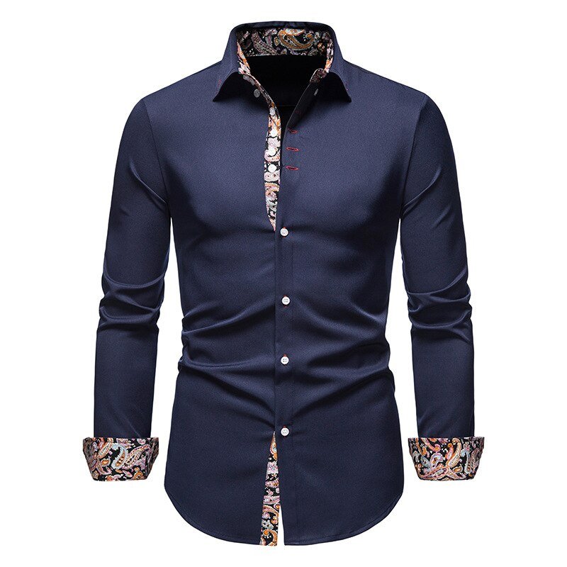White slim fit men's dress shirt long sleeve classic collar with contrast paisley details cotton