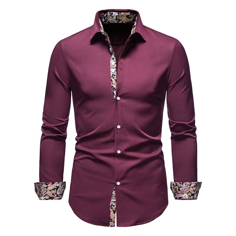 White slim fit men's dress shirt long sleeve classic collar with contrast paisley detail cotton