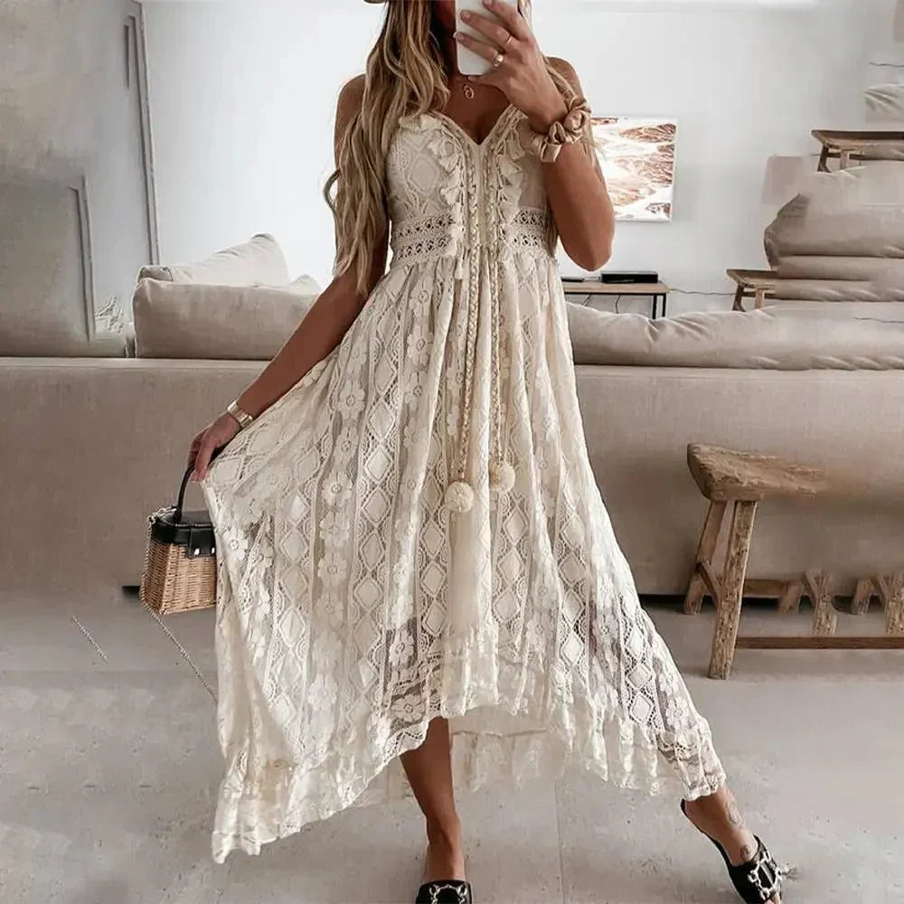 Ivory boho lace maxi dress with flowy silhouette and delicate lace overlay detail