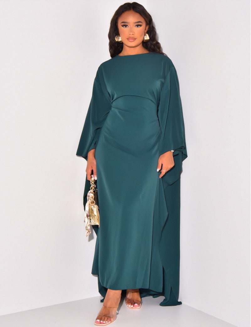 Elegant women's long sleeve maxi dress, A-line cut, high neck, loose fit in neutral tone