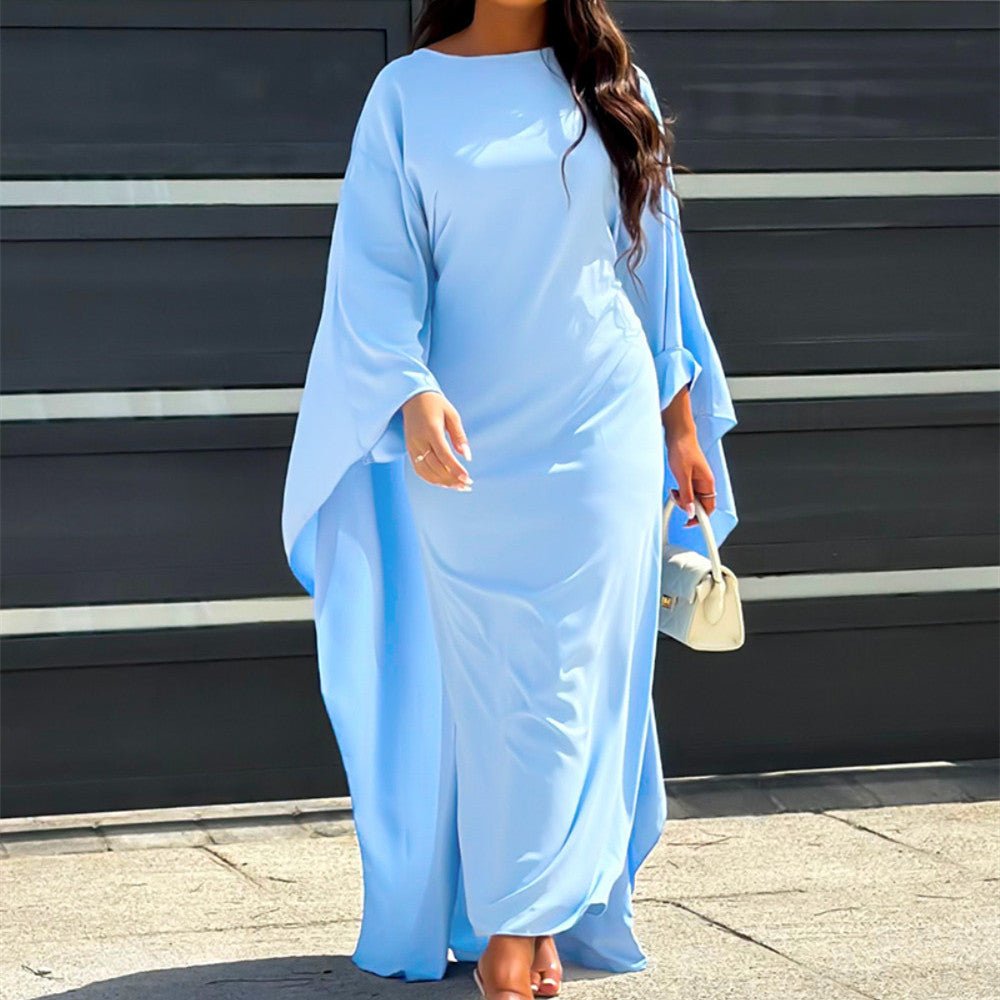 Elegant women's long sleeve maxi dress, A-line cut with high neck, loose fit, timeless style