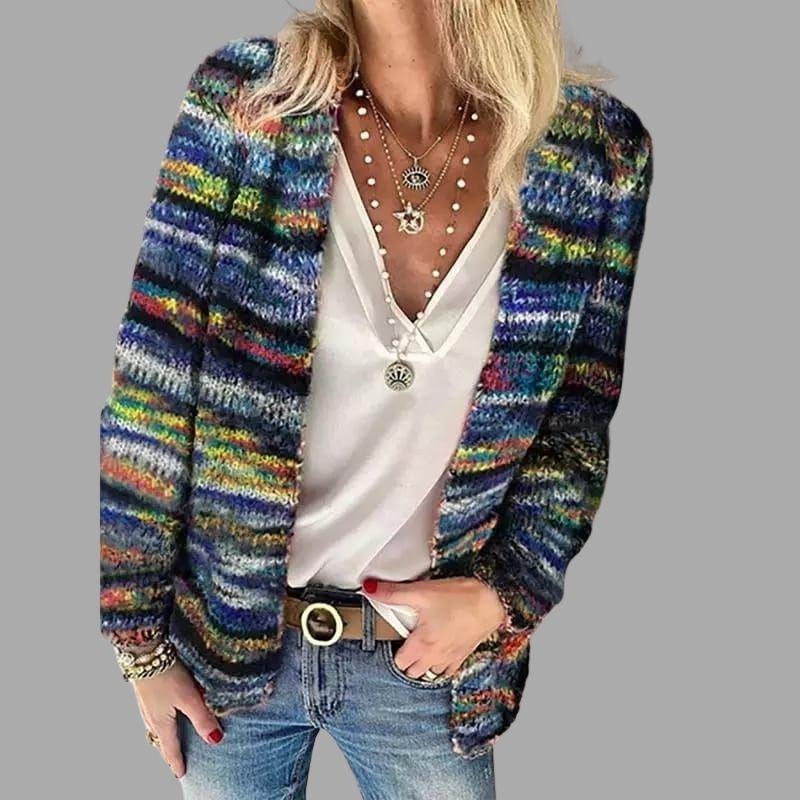 Women's multistriped knit cardigan open-front relaxed fit cozy soft chunky stripe layering essential