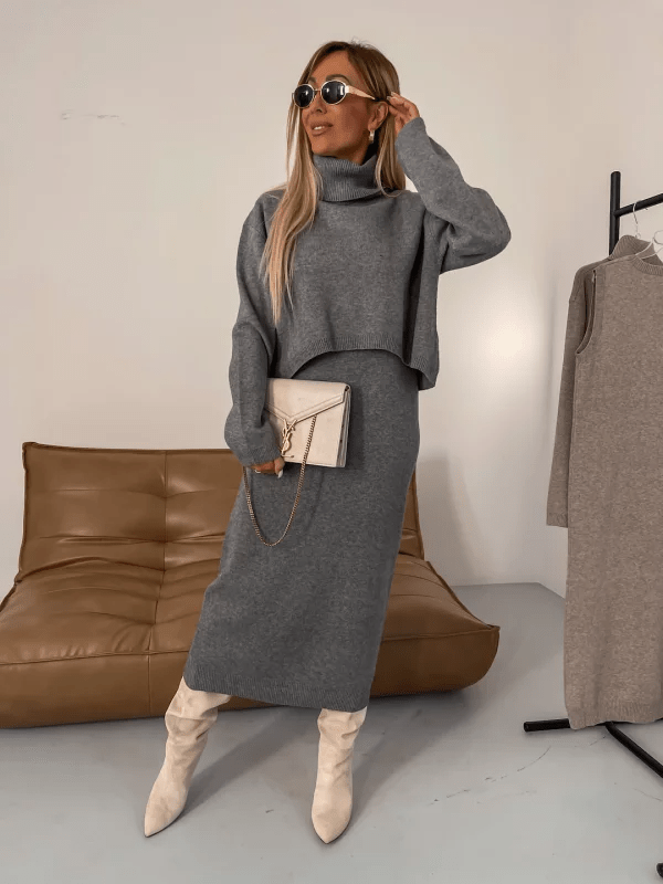 Women's ribbed knit midi dress in neutral tone, relaxed fit with high turtleneck and long sleeves