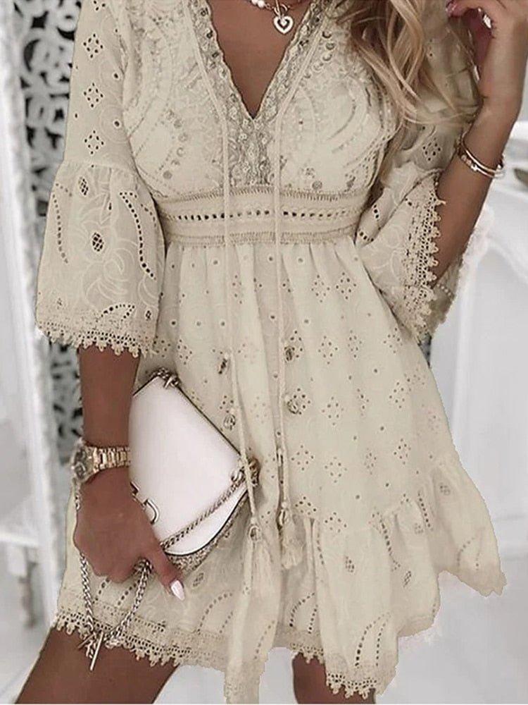 Women's loose-fit lace embroidered dress, V-neck with fringes, 3/4 sleeves, bohemian ivory style
