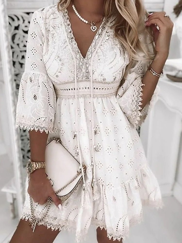 Women's loose-fit lace embroidered dress, V-neck with fringes, 3/4 sleeves, bohemian style