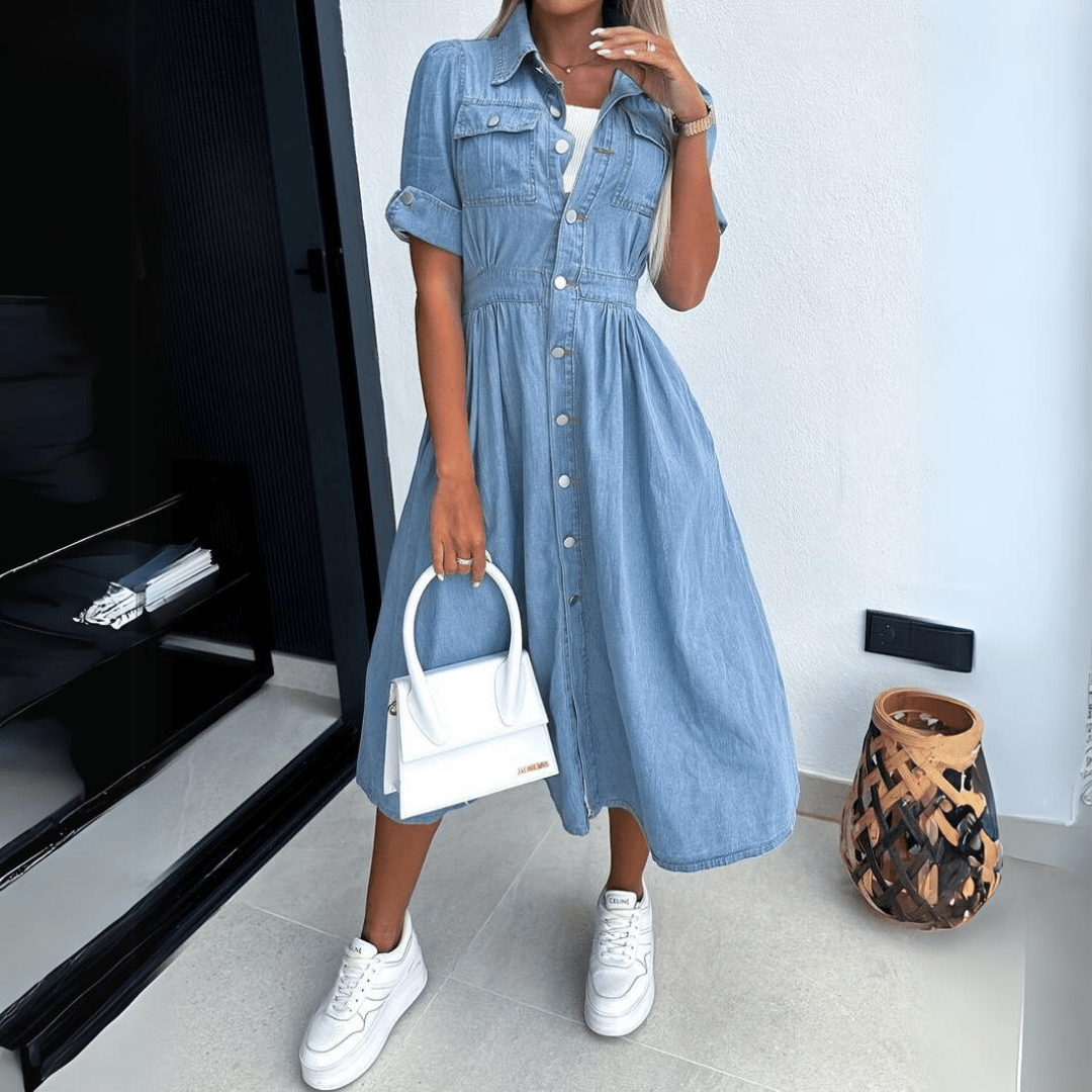 Women's denim midi shirt dress with short sleeves, button-front closure, and cinched tapered waist