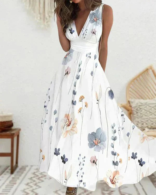 Women's sleeveless V-neck maxi dress in floral print, lightweight flowing fabric for elegant summer style