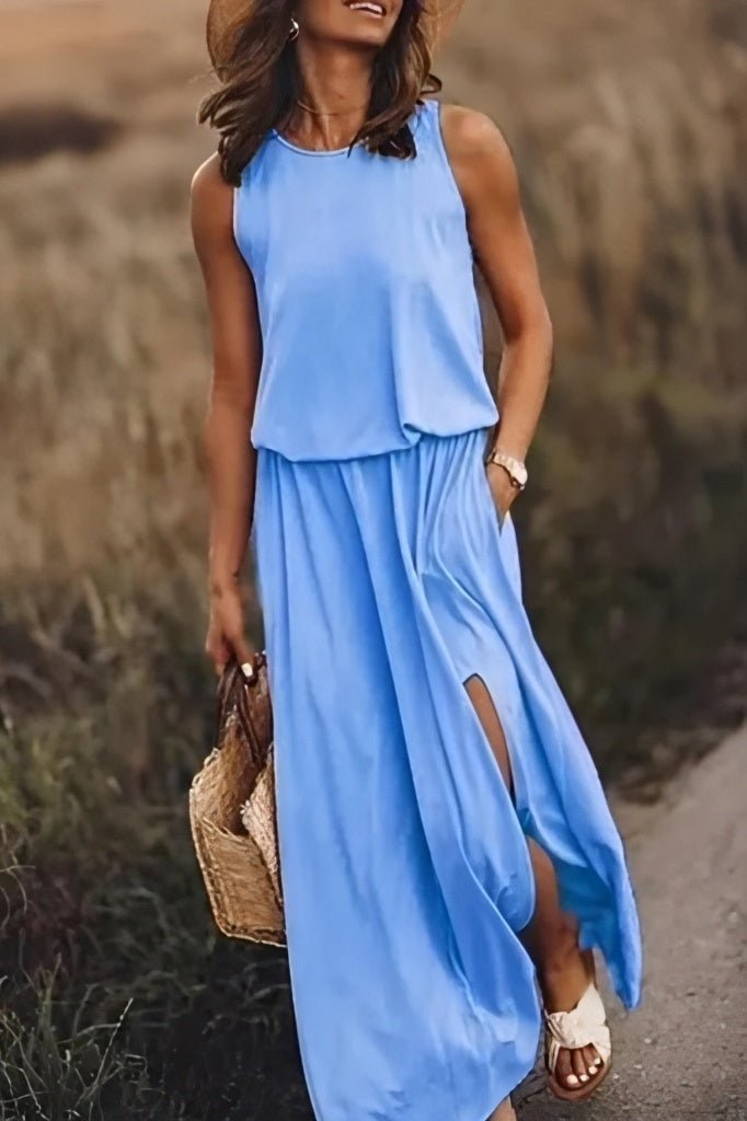 Women's loose fit sleeveless maxi dress, empire waist, round neck, side slit, lightweight summer style
