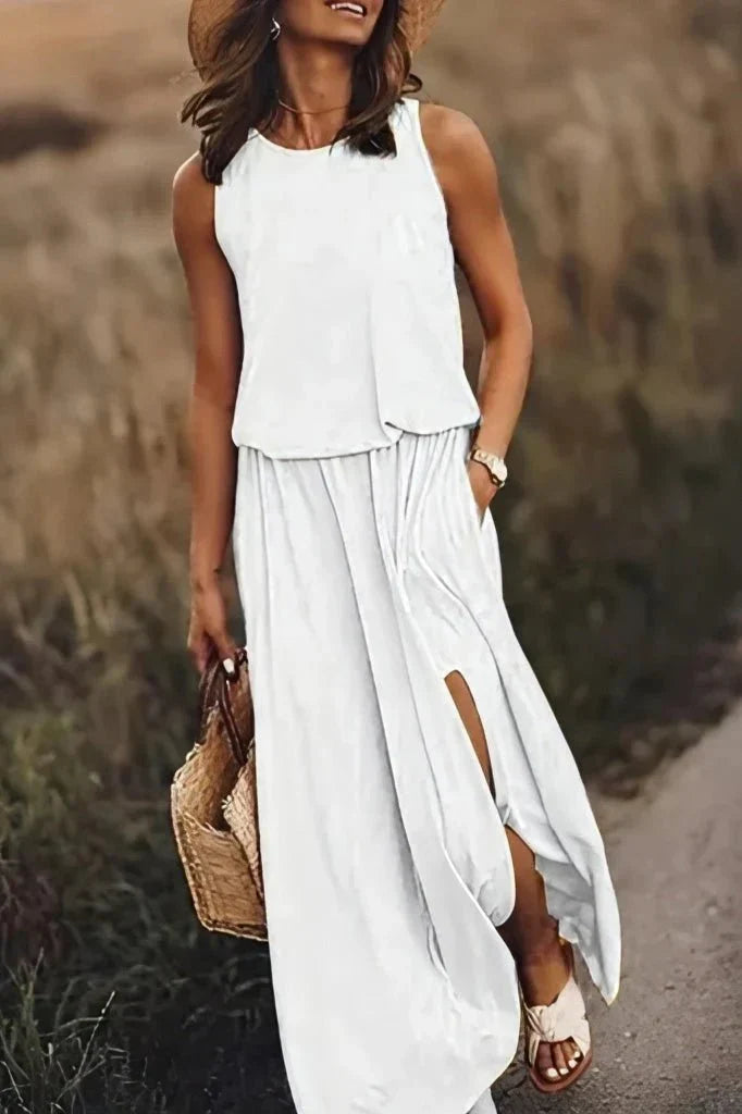 Women's sleeveless maxi dress, loose empire waist silhouette with side slit, lightweight cotton blend