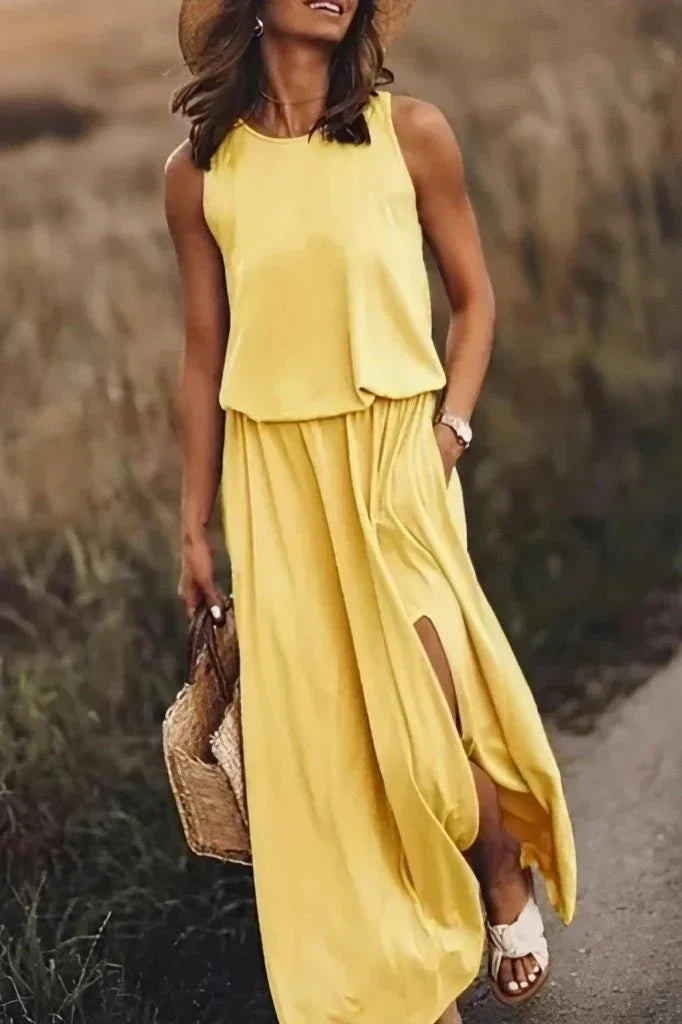 Women's loose fit sleeveless maxi dress, empire waist, round neck, side slit, lightweight summer style