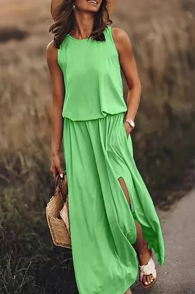 Women's sleeveless maxi dress, loose empire waist silhouette with side slit, lightweight cotton blend